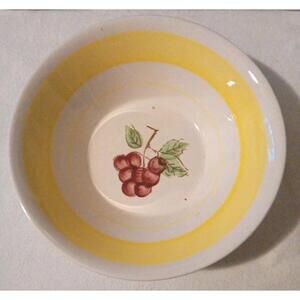 Vintage Lunastone ceramic hand-painted bowl cherry design with a yellow rim.